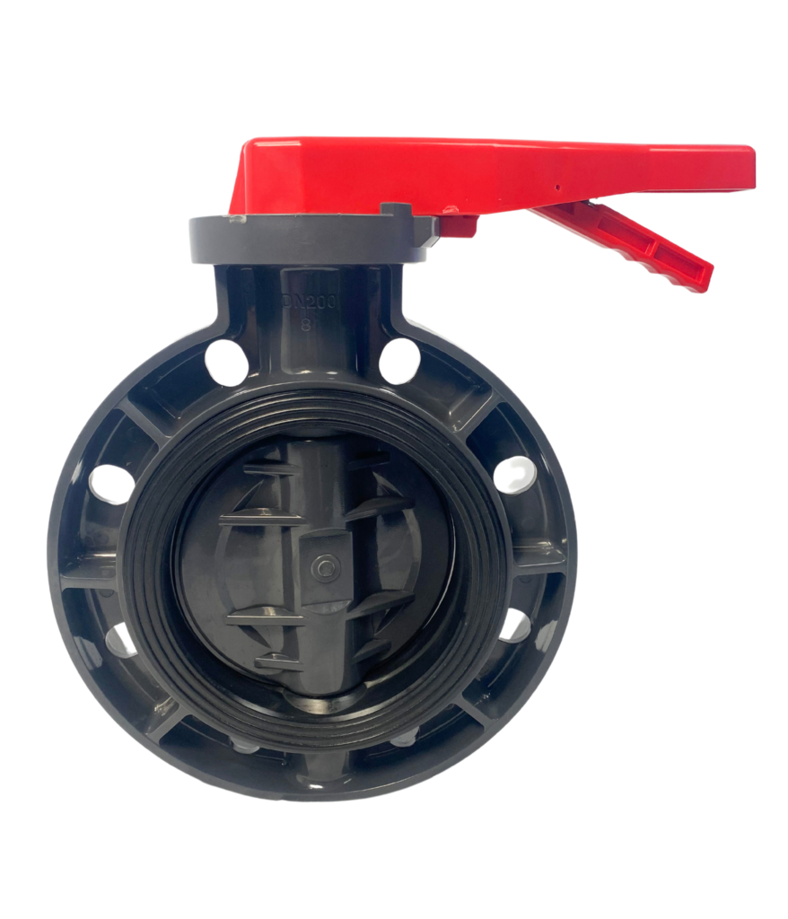 uPVC Butterfly Valve with Zinc Plated Shaft – manual lever-operated flow control valve for PVC and uPVC piping systems, available in sizes 65mm to 200mm.