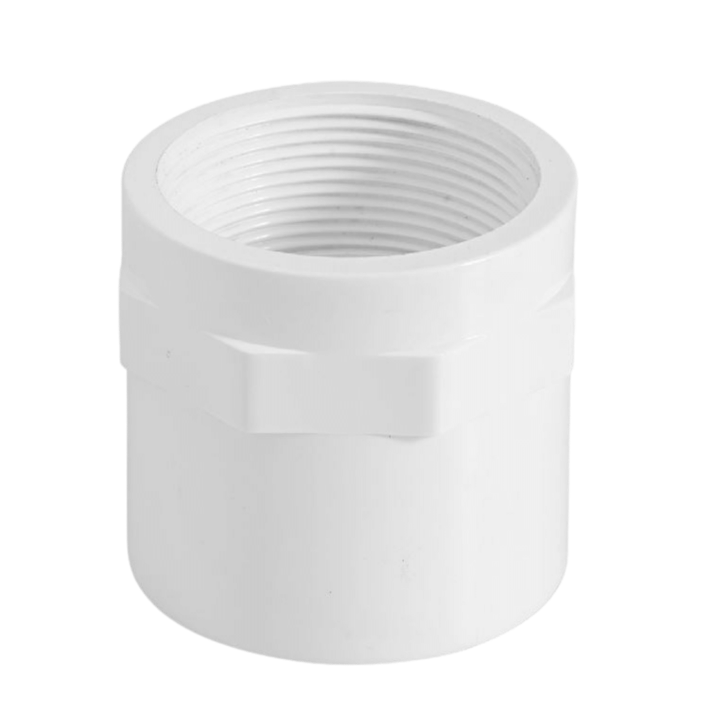 uPVC Cat 18 Faucet Socket – white PVC high-pressure fitting with female BSP thread and socket end for connecting uPVC pipe, available in sizes 15 mm – 150 mm.