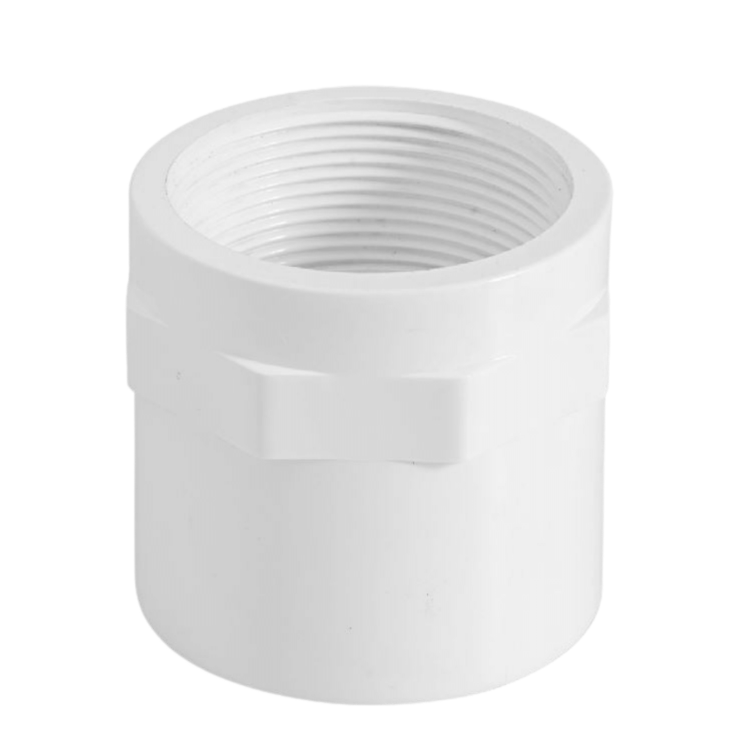 uPVC Cat 18 Faucet Socket – white PVC high-pressure fitting with female BSP thread and socket end for connecting uPVC pipe, available in sizes 15 mm – 150 mm.