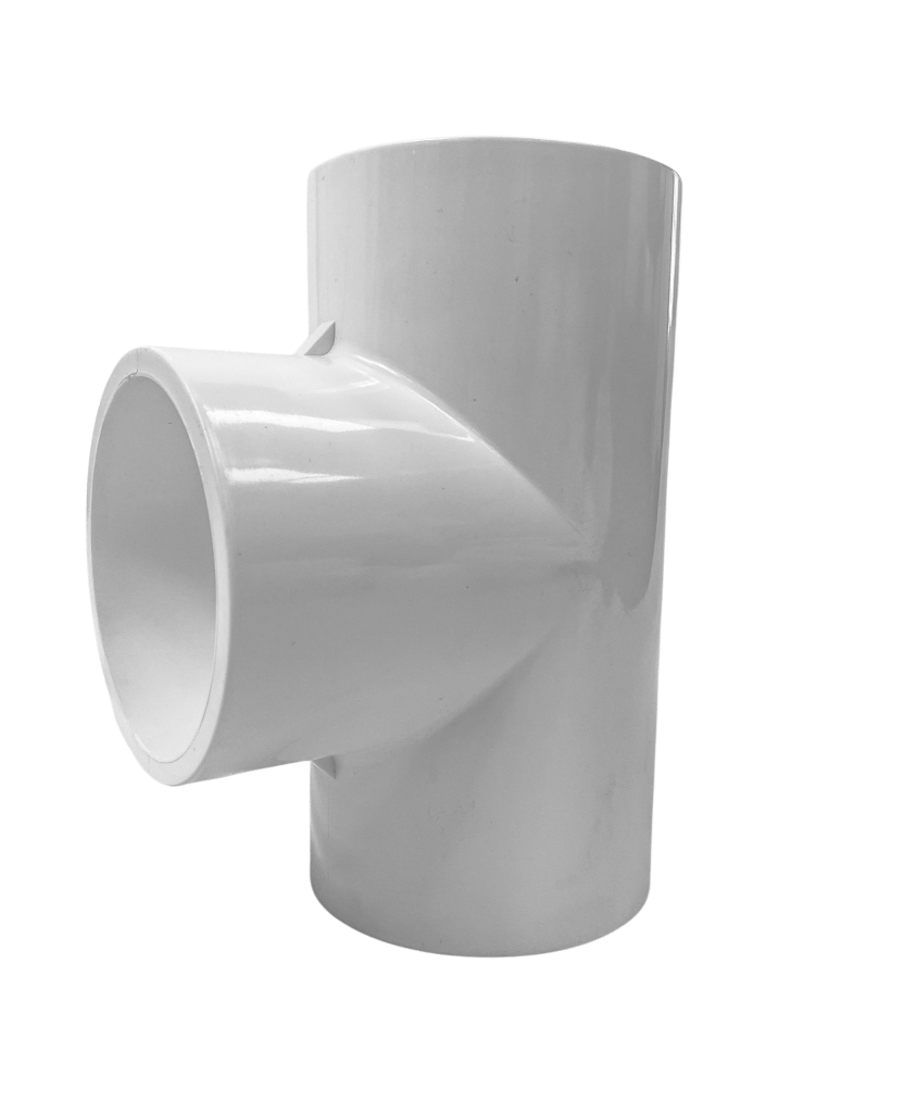 uPVC Cat 19 Tee – white PVC pressure fitting with three equal outlets for joining or branching pipe systems, available in 15 mm – 300 mm.