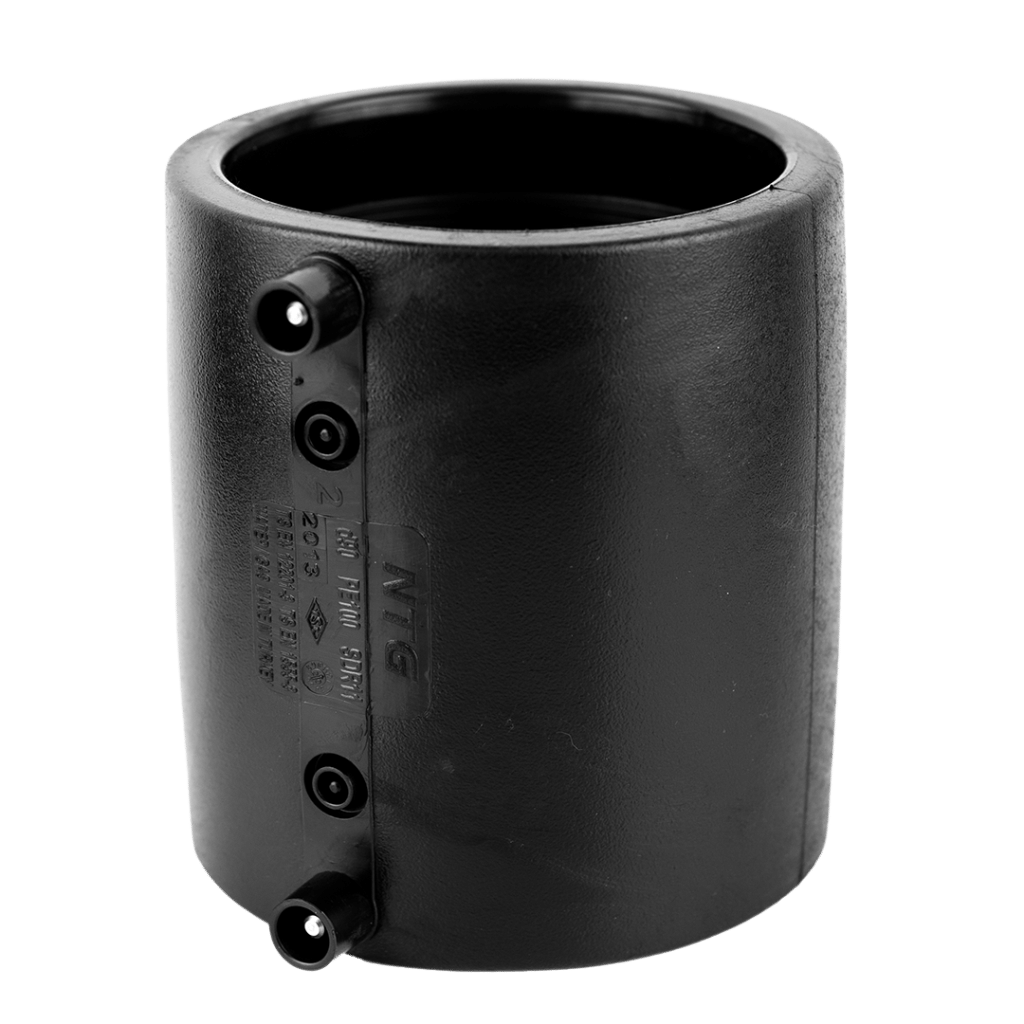 Electrofusion coupler used to join HDPE pipes using an electrofusion welding machine, suitable for water, gas, and high-pressure pipeline systems.