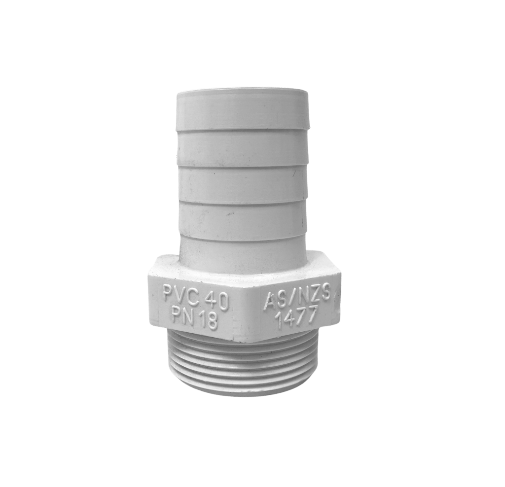 uPVC Hose Barb – high-pressure PVC fitting with male BSP thread and spigot end for connecting hoses to pipes or fittings, available in 15 mm – 100 mm.
