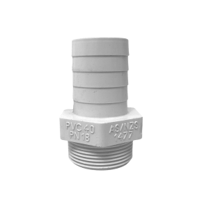 uPVC Hose Barb – high-pressure PVC fitting with male BSP thread and spigot end for connecting hoses to pipes or fittings, available in 15 mm – 100 mm.