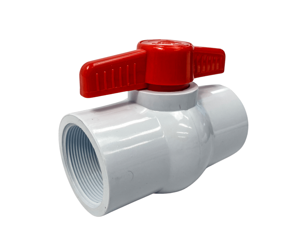 uPVC ball valve with red handle, manually operated high-pressure valve for water, irrigation, plumbing, and pool systems, available 15 mm–100 mm.