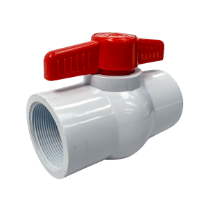uPVC ball valve with red handle, manually operated high-pressure valve for water, irrigation, plumbing, and pool systems, available 15 mm–100 mm.