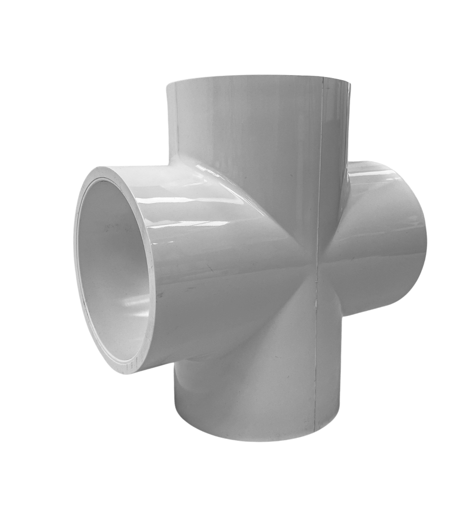 uPVC Cross – high-pressure four-way PVC fitting for connecting pipework in multiple directions, available in 15 mm – 100 mm.