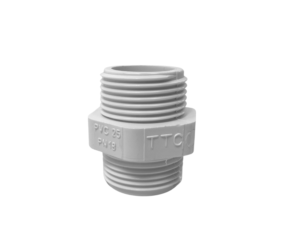 uPVC Hex Nipple – high-pressure PVC Male BSP threaded fitting for connecting female threaded fittings, available in 15 mm – 50 mm.