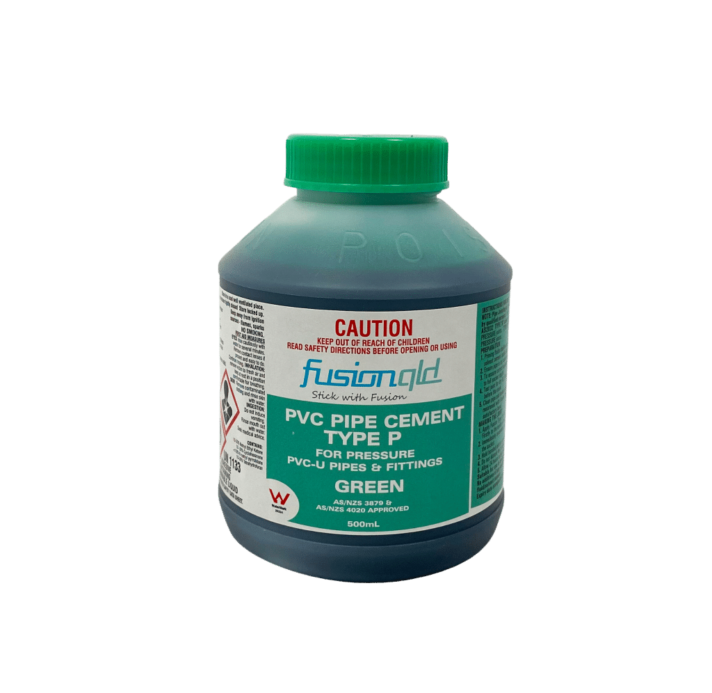 Green Glue – Type P Solvent Cement by Fusion QLD – visible green adhesive for PVC and uPVC pressure pipes, ideal for plumbing, irrigation, and industrial applications.