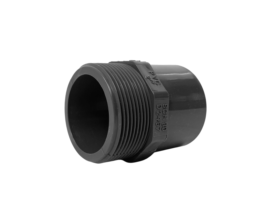 Schedule 80 uPVC Valve Adaptor with male BSP thread and spigot end, used to connect pipes or fittings to a female thread, available in 1/2 inch to 3 inch sizes