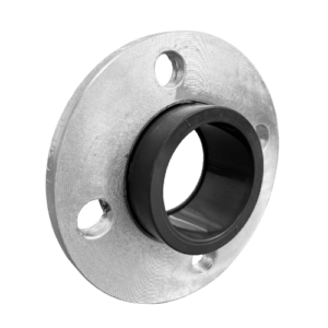 uPVC Stub Flange with Galvanised Steel Backing Ring Kit – pressure-rated PVC flange assembly with galvanised backing ring for connecting pipes to bolted fittings, available in sizes 50 mm – 375 mm.