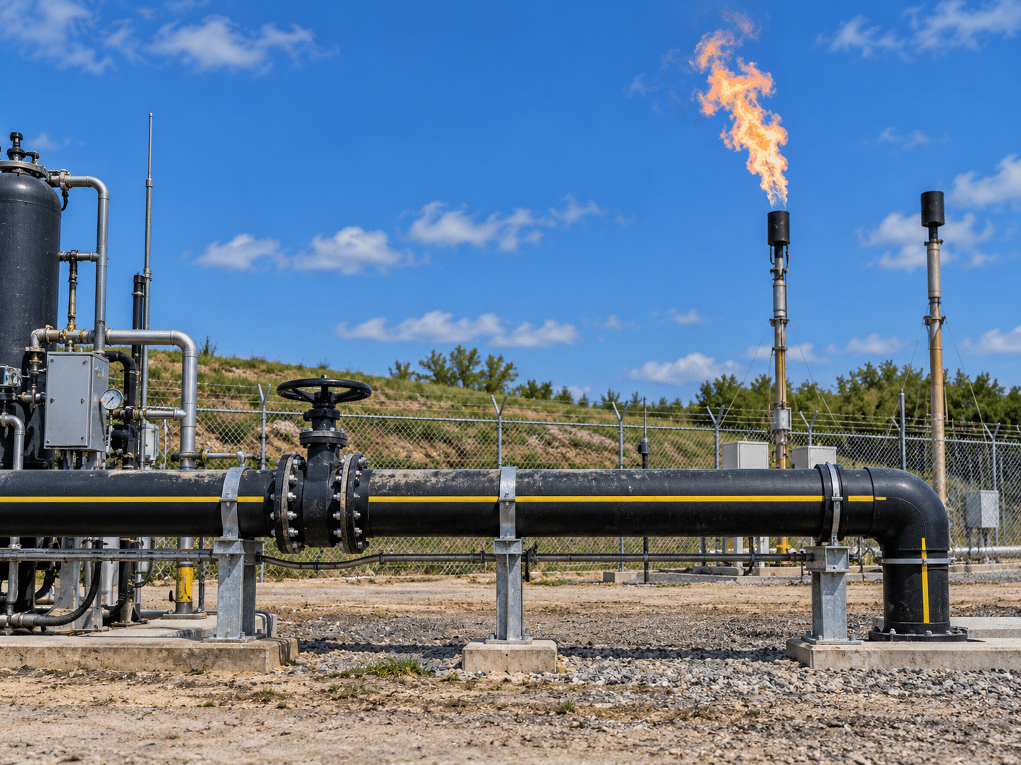 Gas facility pipework and flare stacks.