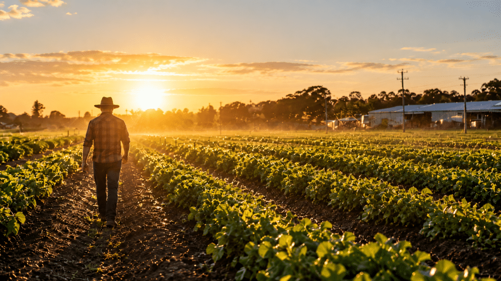 Irrigated agricultural field at sunset.