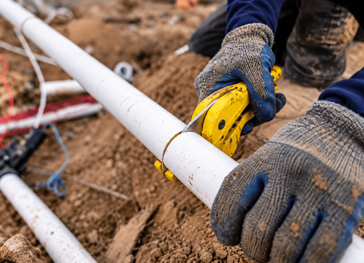 Worker measuring white plastic plumbing pipe.